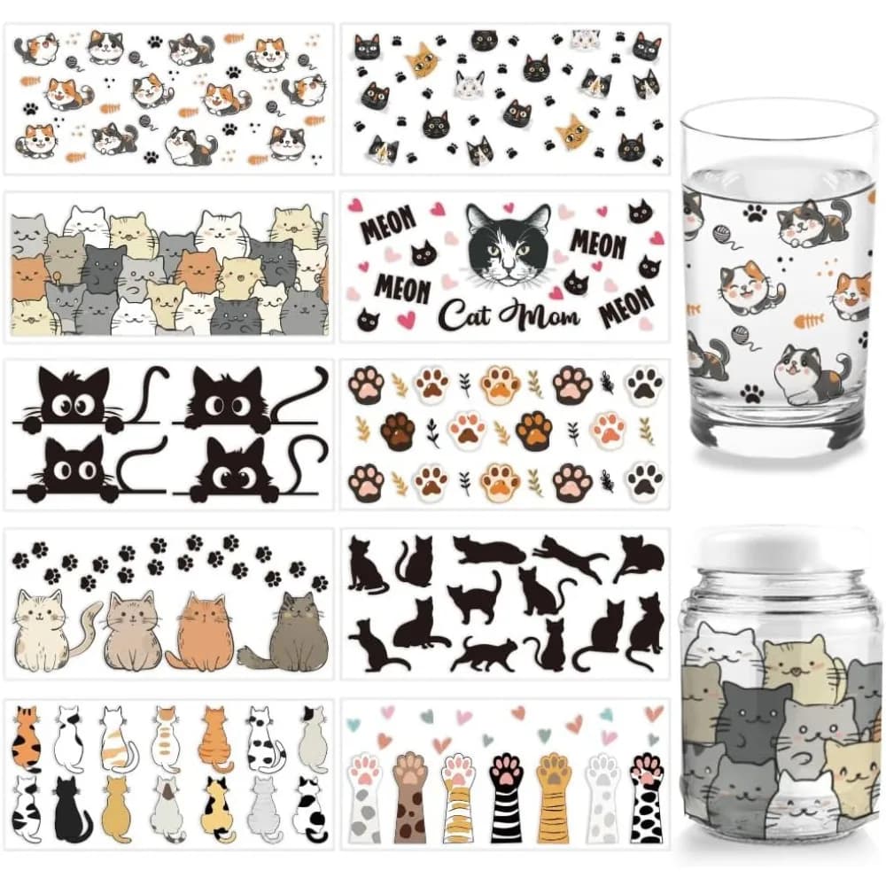 Carta per Trasferimento a Caldo in PVC per Sublimazione UV, Forma di Gatto 110x240mm, 10 Stili, 1 Pezzo/Stile, 10 Pezzi/Set