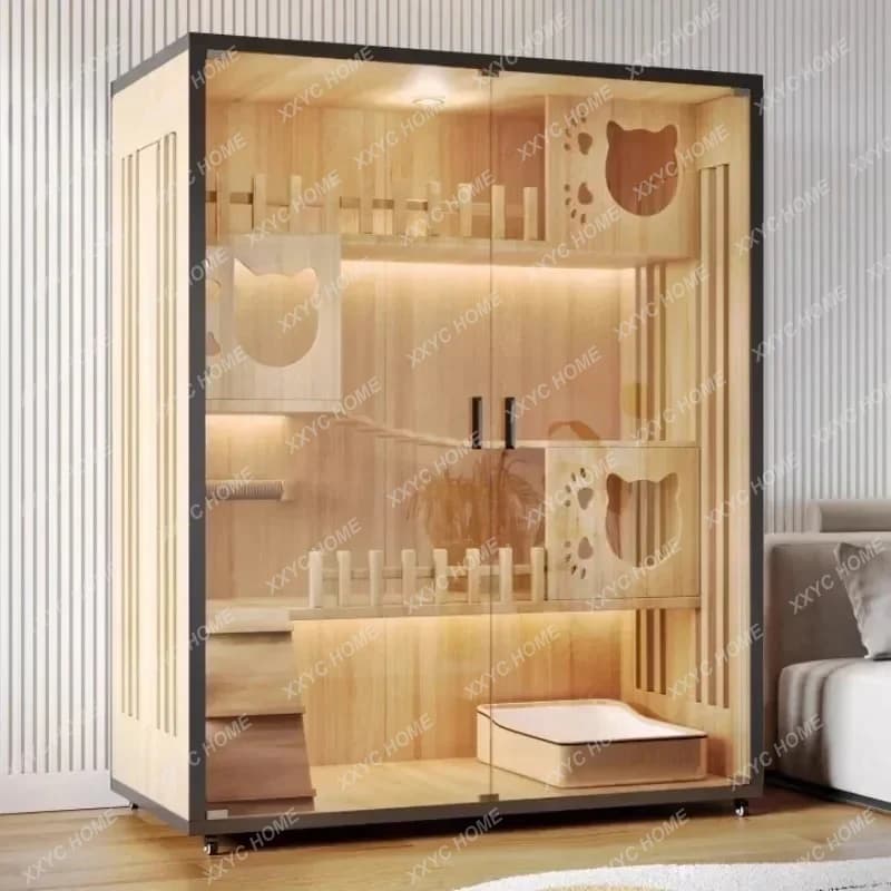 TTModern Wooden Cat Villa Cat Cage Home Indoor Comfortable Pet Litter House Large Free Space Cat House Solid Wood Cabinet Pet Ca