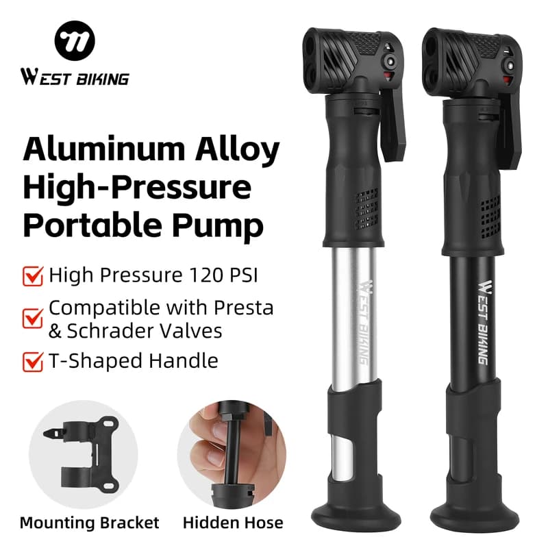 Pompa per Bicicletta WEST BIKING 120PSI in Lega di Alluminio ad Alta Pressione con Tubo Nascosto, Gonfiatore AV/FV, Accessori per MTB e Bici da Strada