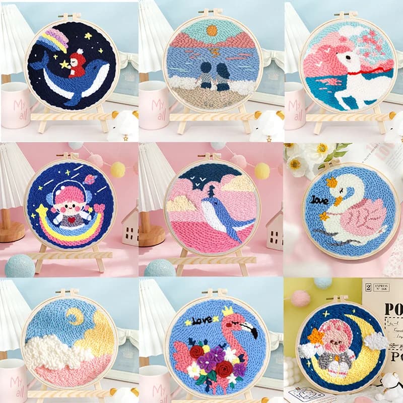 Cartoon Animal Spaceman Punch Needle Embroidery Kits DIY Craft Kits for Adults Embroidery Kits for Beginners Handmade Gifts