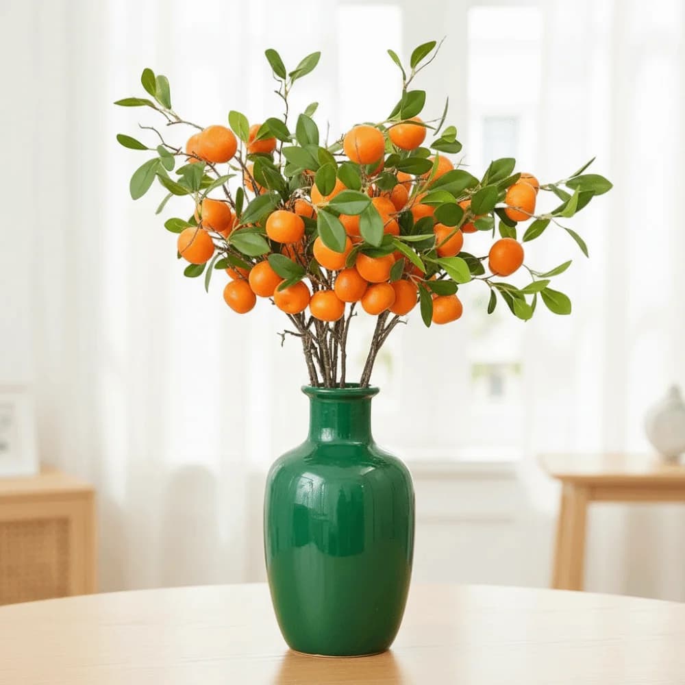 Ramo d'Arancio Artificiale con Foglie Verdi, Frutti di Arancio Finti di Lusso, Piante Realistiche in Plastica per Casa e Giardino