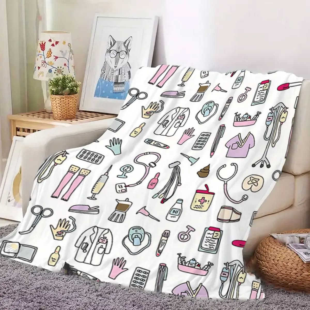 Coperta in flanella a tema medico - Morbida con diagrammi medici per operatori sanitari, per letto, divano, viaggi, campeggio