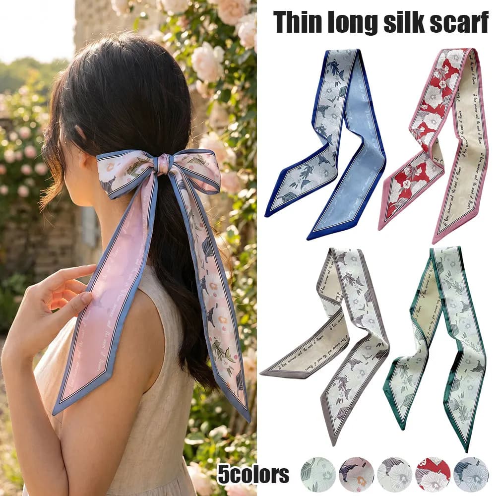 Sciarpa in Seta Satinata Floreale, Foulard Sottile e Lungo, Fascia per Capelli, Sciarpa Multifunzione, Decorazione per Borsa