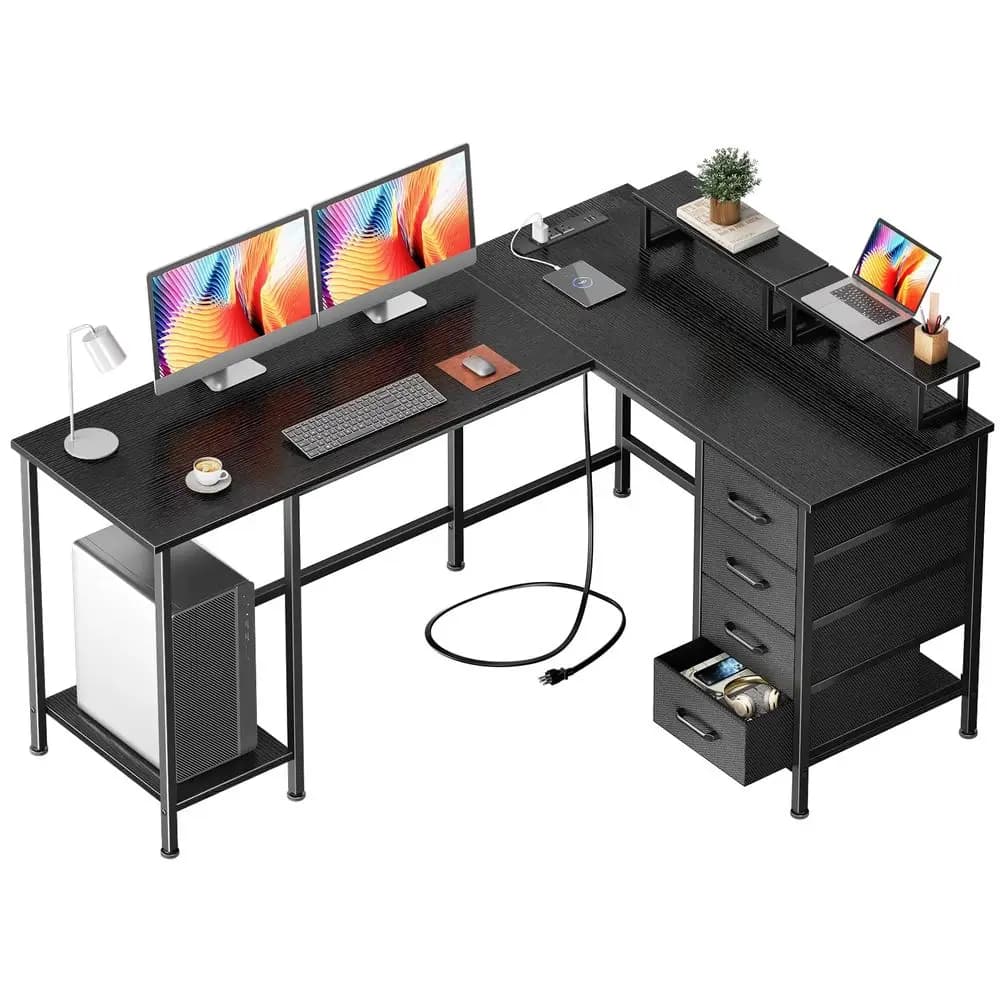 inch L Shaped Computer Desk with Power Outlets, Home Office Desk with 4 Adjustable Storage Drawers amp 2 Monitor Stands, Two Pe