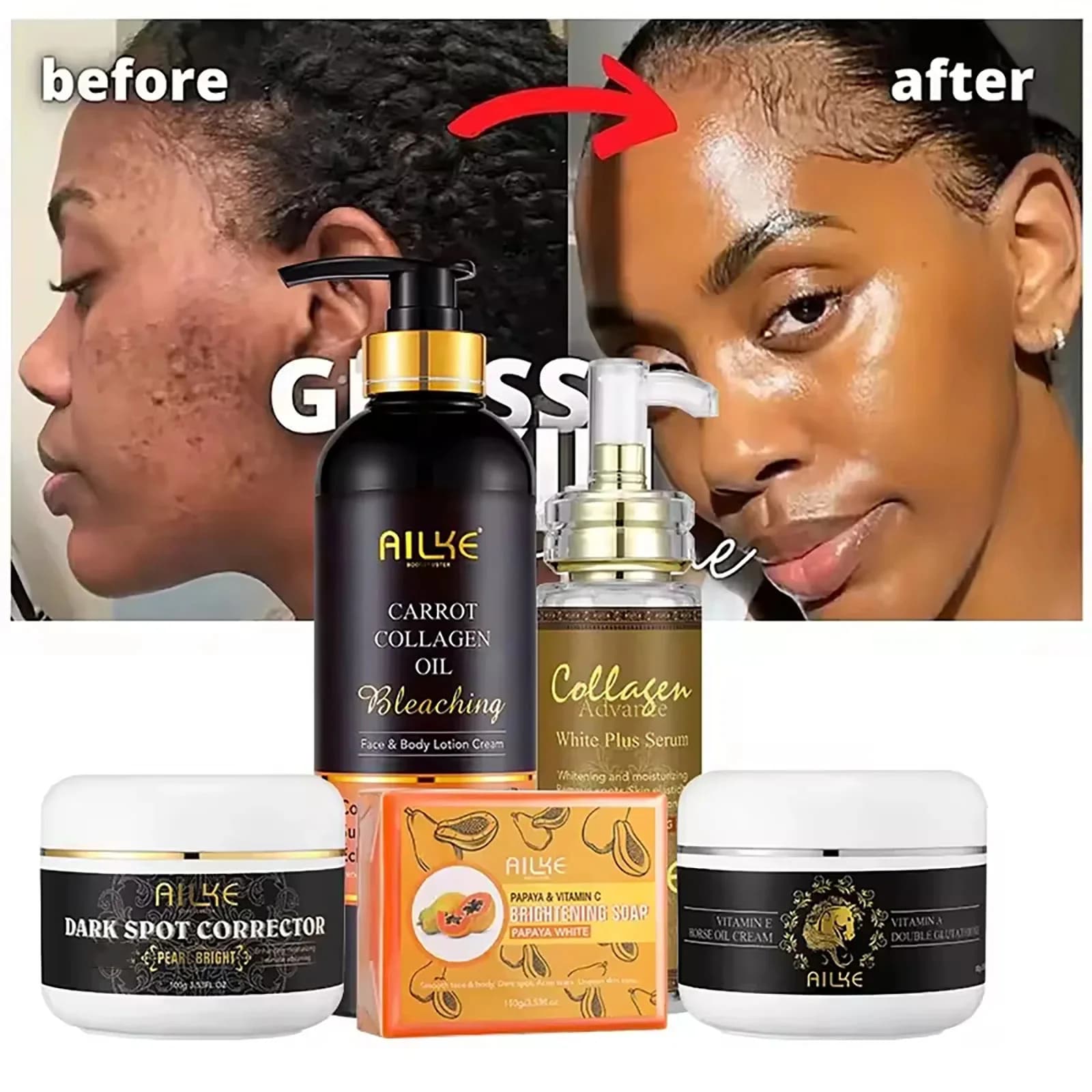 AILKE Skin Care Set 5 in 1 to collagen, skin elasticity restoration, smooth skin, illuminates, uniform skin tone, for face and body use kit