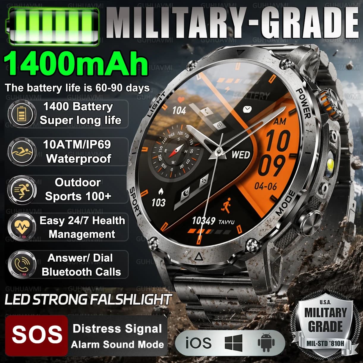 Nuovo Smartwatch da Uomo 2026 con Batteria Integrata da 1400mAh, Schermo AMOLED da 1.7", Impermeabile 10ATM, per Sport all'Aperto e Chiamate