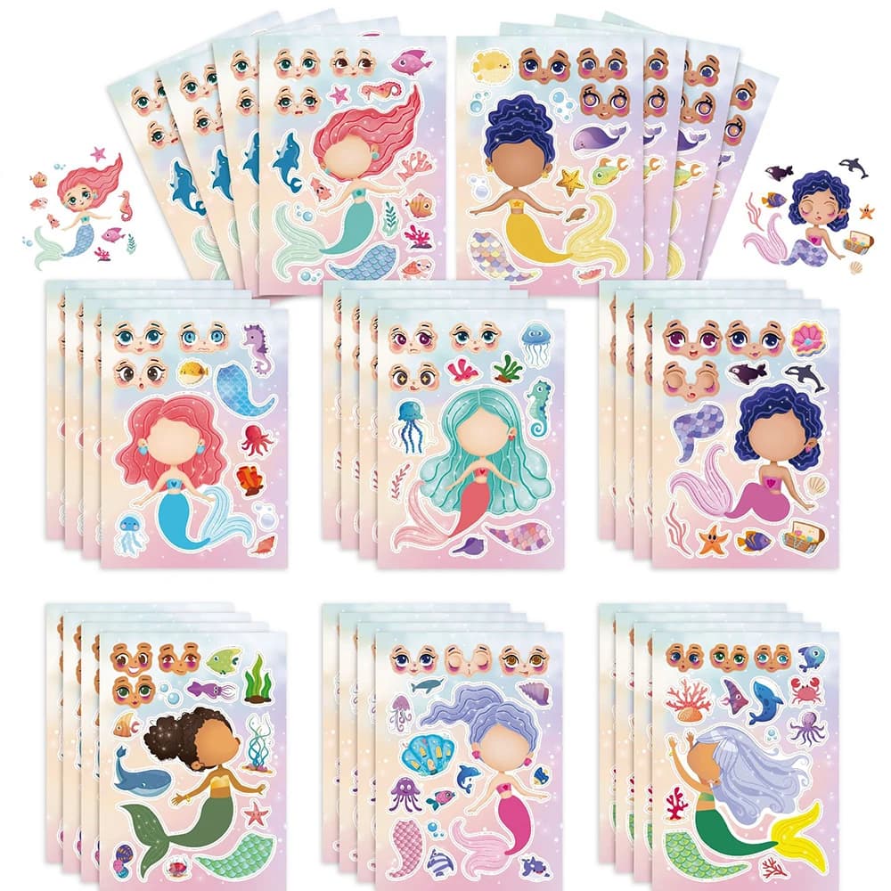8/16Sheets Make Your Own Mermaid Stickers For Kids Funny Make a Face Jigsaw Children Girls Puzzle Sticker DIY Games Party Favor