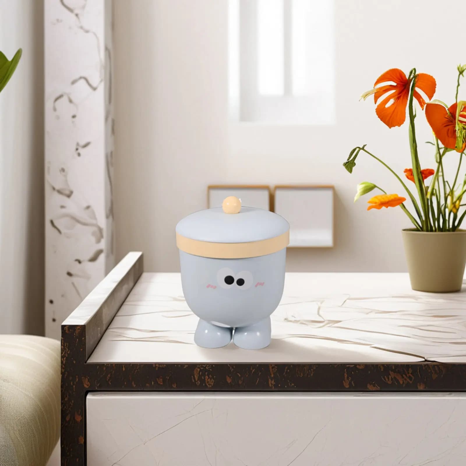 Small Covered Trash Can Cartoon Design Lidded Mini Garbage Can for Desktop Office Home Car Countertop Makeup Brush Organizer
