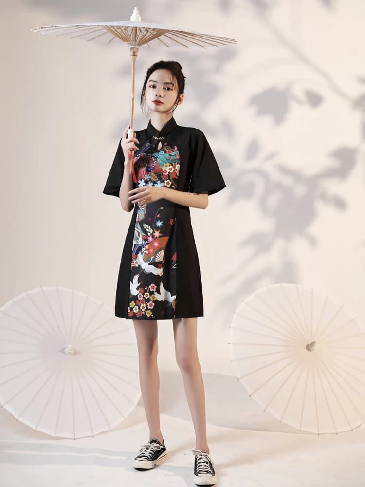 Young Style Improved Version Qipao Dress Black Floral Pattern Short Sleeve Retro Style for Daily Wear Summer 2026