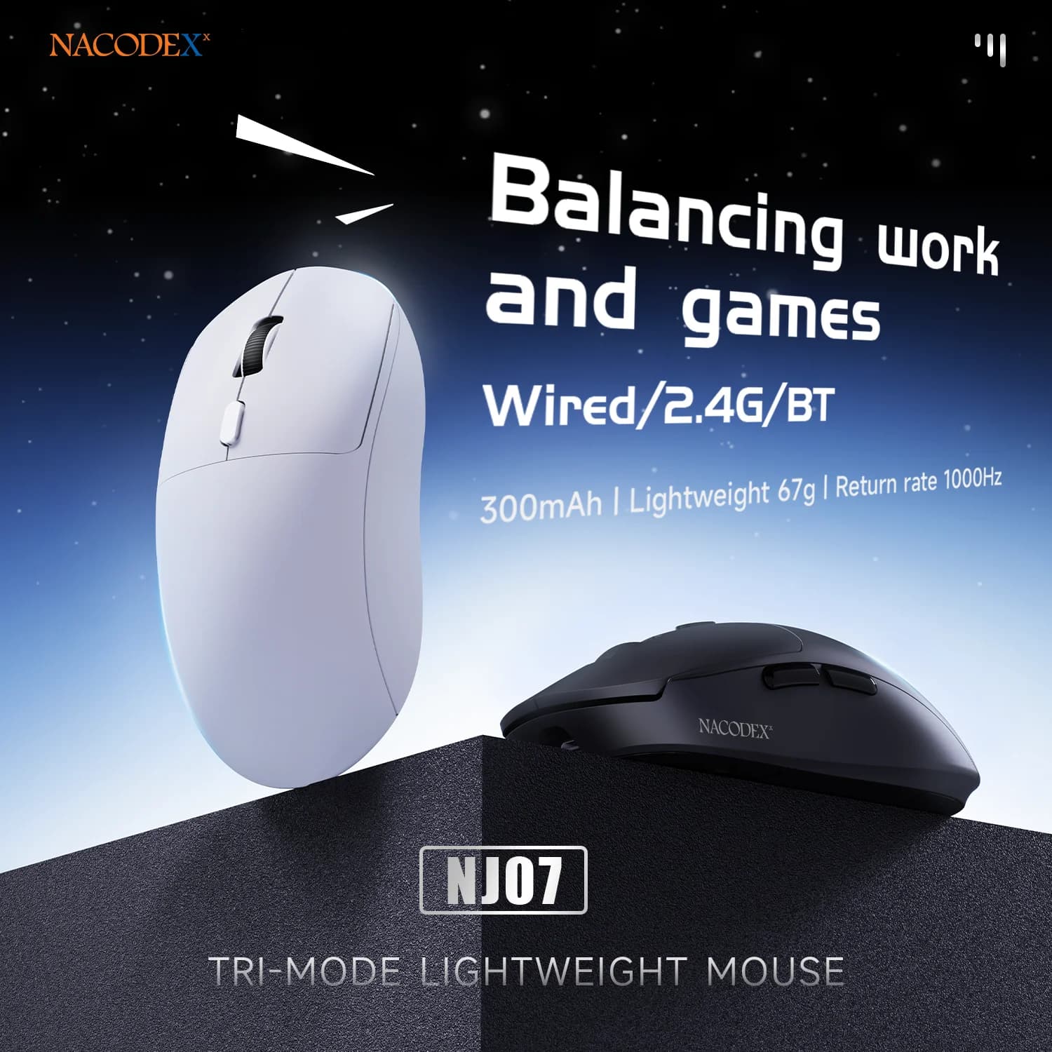Mouse AJAZZ NJ07 Tri-Mode Cablato/Bluetooth/2.4G for Office and Gaming, 12800 DPI, Update Frequency 1000Hz