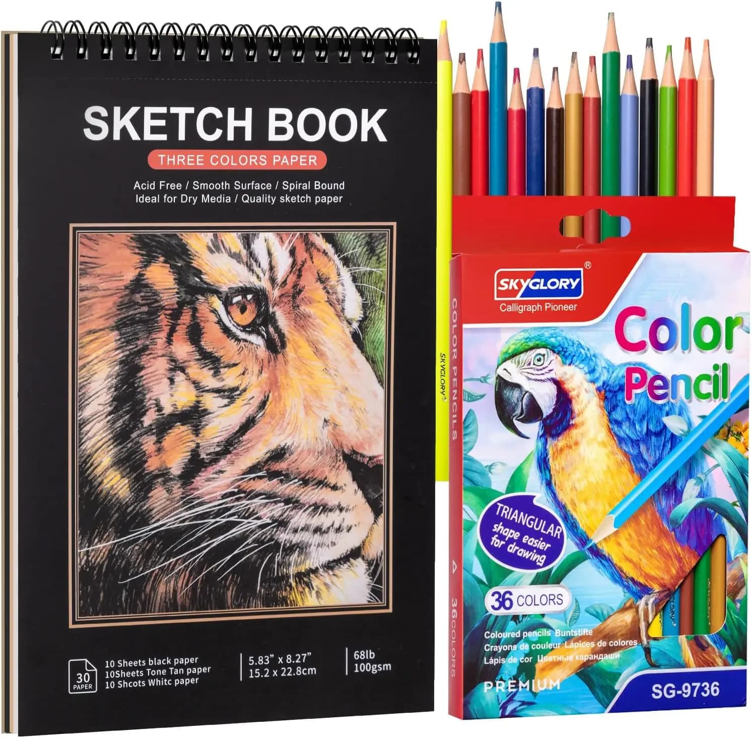 A5 Sketchbook Kit with 36 Colored Pencils, Acid-Free Paper, Spiral Bound, 5.8x8.3 in