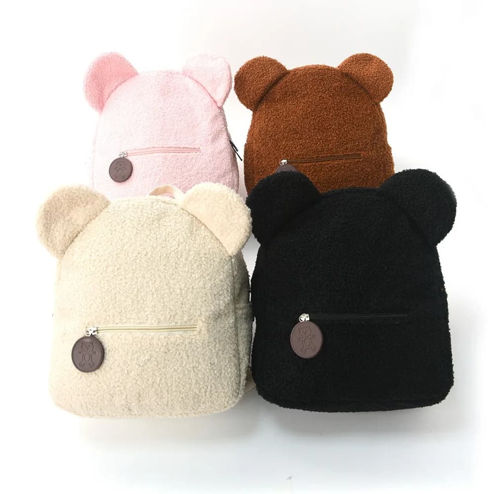 Backpack in Plush with Earrings from Bear Carton, School Bag for Children, Fashion Embroidery with Letters