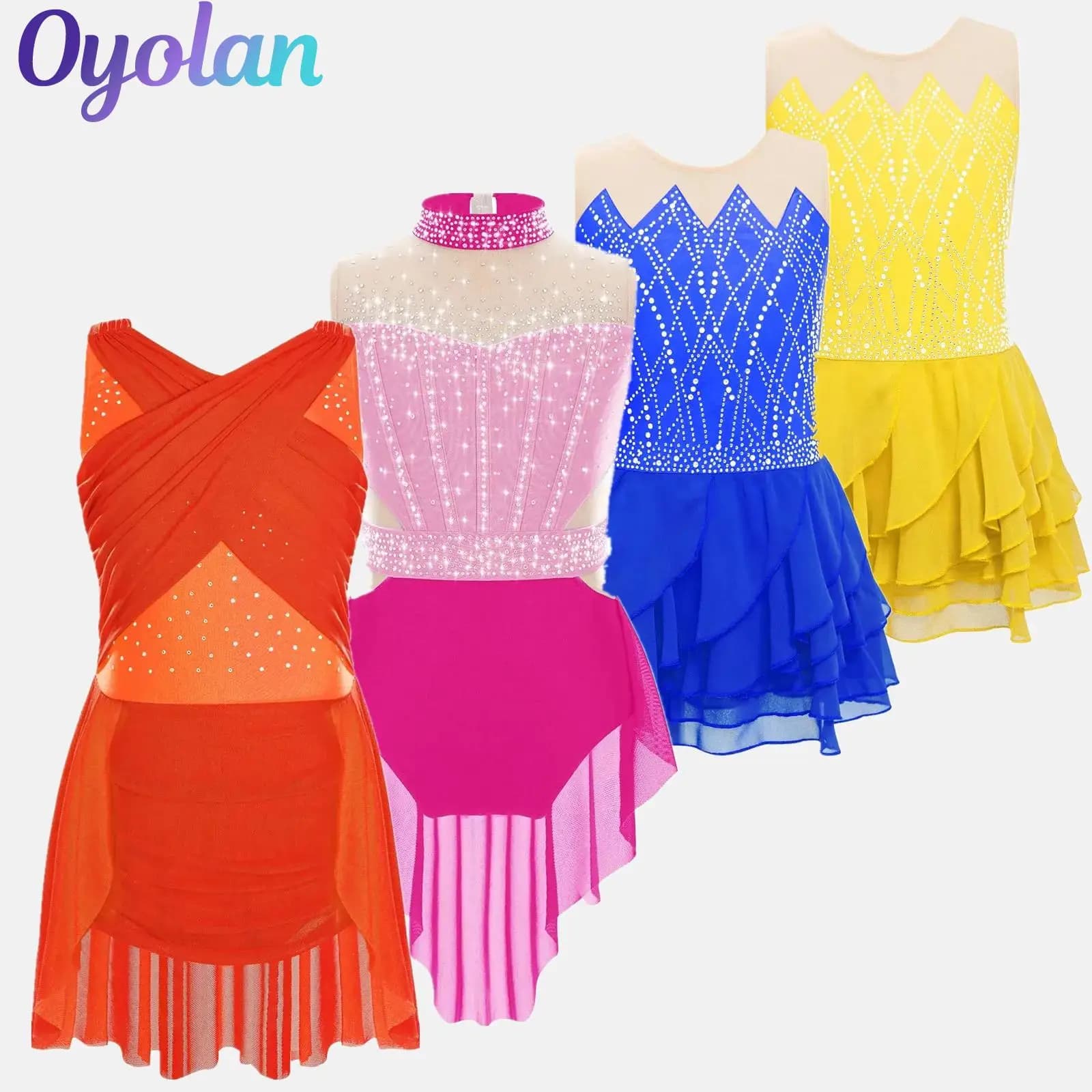 Bambini Ragazze Strass lucidi Ginnastica Pattinaggio di figura Balletto Danza lirica Performance Costume Abiti body con gonna a rete