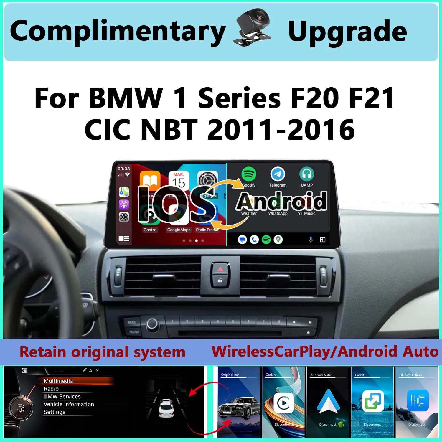Aggiornamento 2400*900p per BMW Serie 1 F20 F21 CIC NBT 2011-2016, Schermo Multimediale per Auto con Carplay Wireless e Android Auto