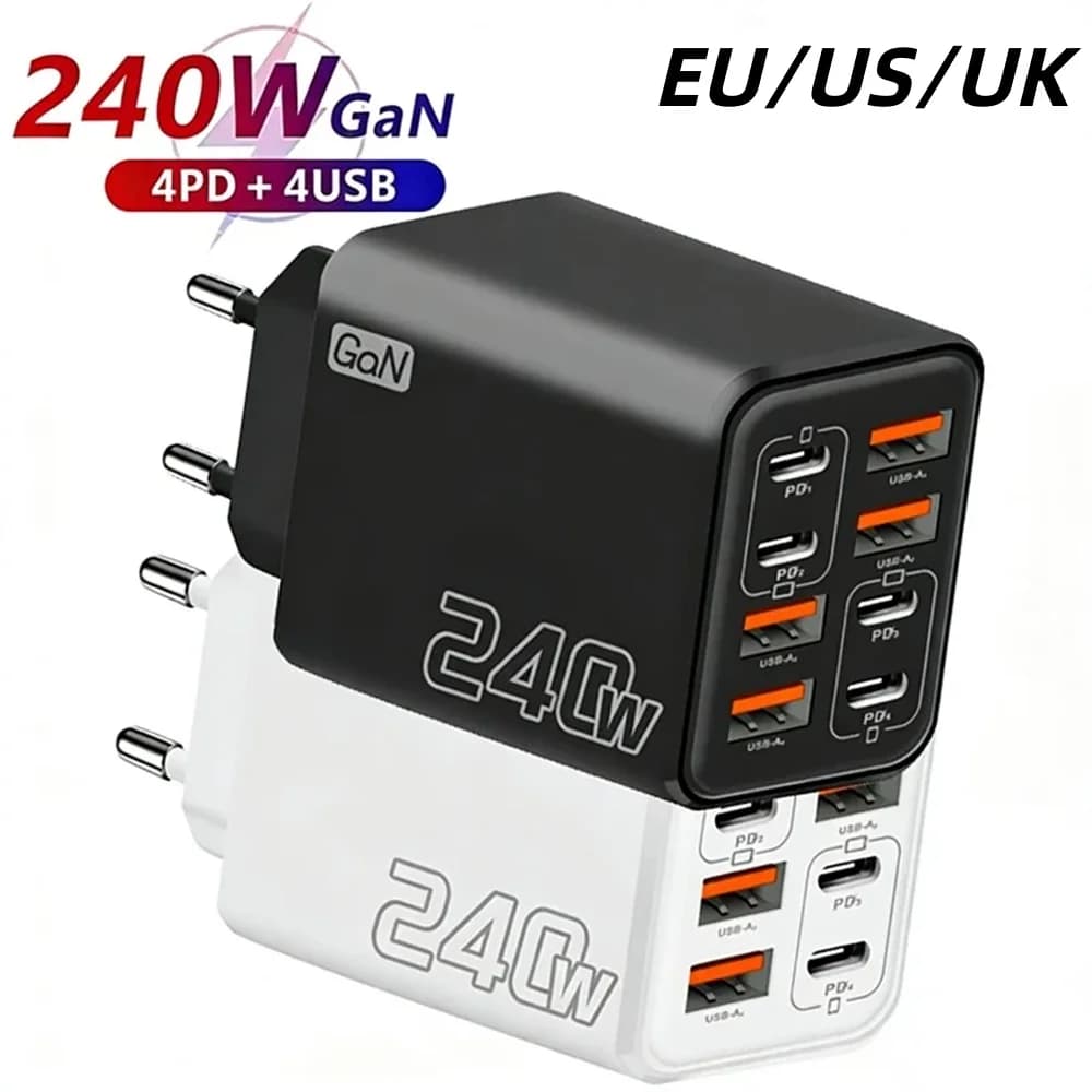 Total 240W 8 Port USB C Phone Charger Fast Charging Charger For iPhone Samsung Xiaomi 14 15 Quick Charge 3.0 Type C Wall Adapter