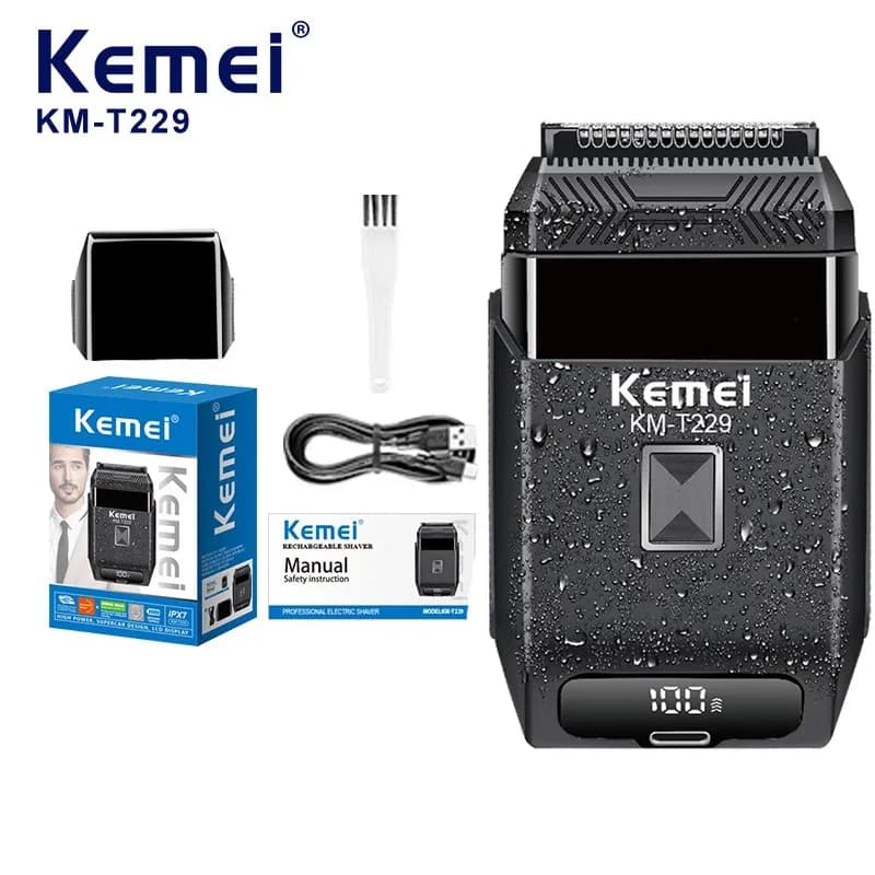 Kemei T229 Electric Razor, IPX7 Rechargeable Razor Waterproof, Men's Travel Shaving Machine, Regulabarba