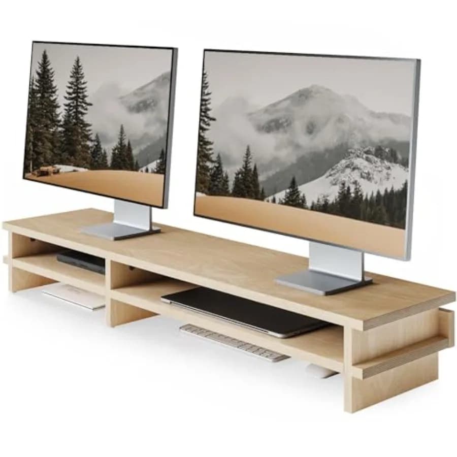 Supporto per Doppio Monitor 39,4 Pollici, Rialzo in Legno per 2 Monitor, Ripiano da Scrivania a 2 Livelli con Gestione Cavi per Superficie Scrivania Computer