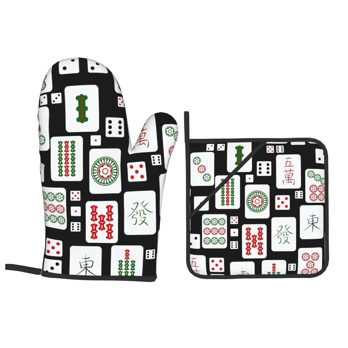 Mahjong Tiles Game Dice Oven Mitts and Pot Holder Sets of 4 for Baking Kitchen Cooking BBQ Resistant Non-Slip Gloves