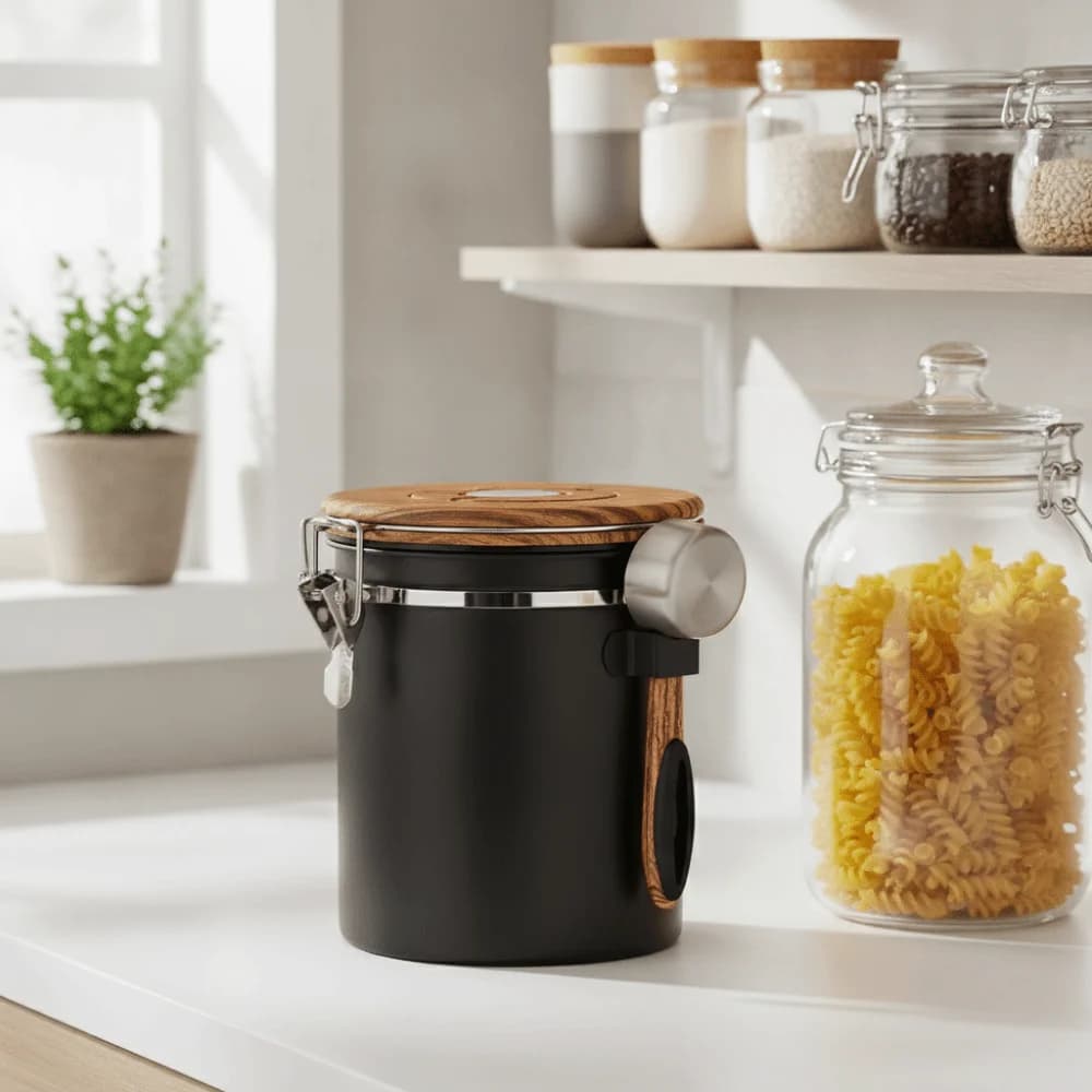 304 Stainless Steel Coffee Bean Storage Tank Airtight with Spoon Coffee Bean Vacuum Sealed Jar Date Tracker Moisture-proof