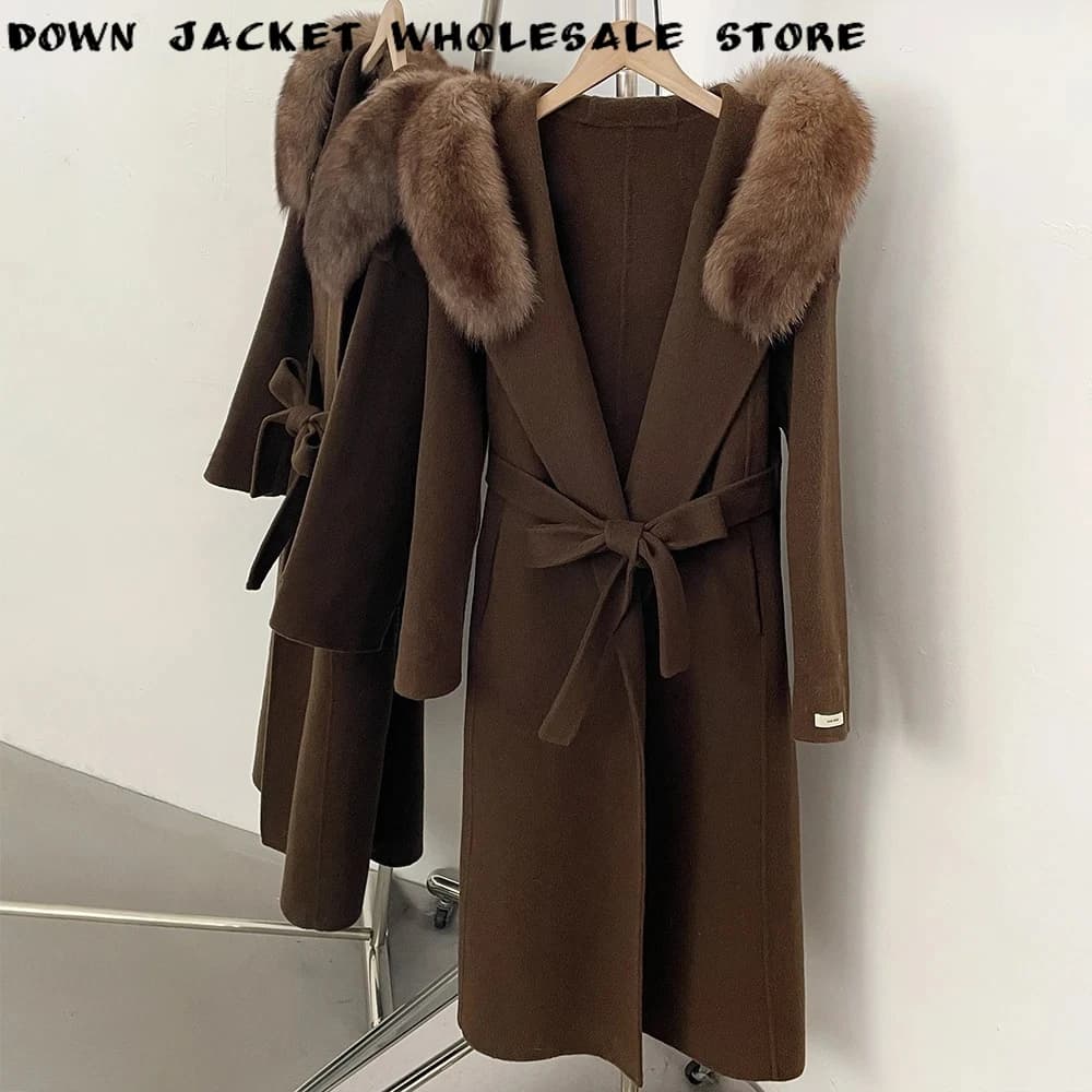 Women's Double Face Wool Coat Woolen Outerwear Warm Thick Fabric Old Money Style Office Wear Cold Season Fur Trim Loose Fit Coat