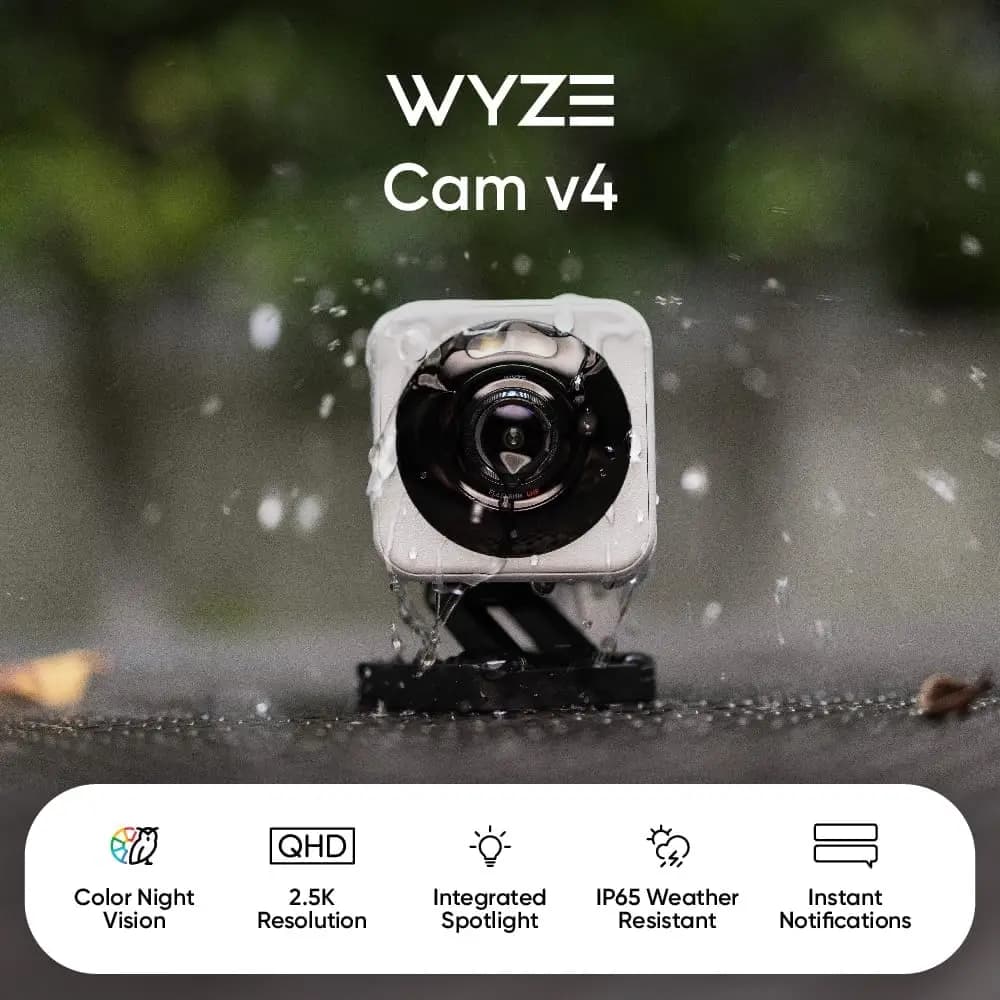 Wyze Cam v4, telecamera di sicurezza domestica intelligente Wi-Fi 2K HD, uso interno/esterno, monitor per animali domestici/bebè, faretto/sirena attivato dal movimento,