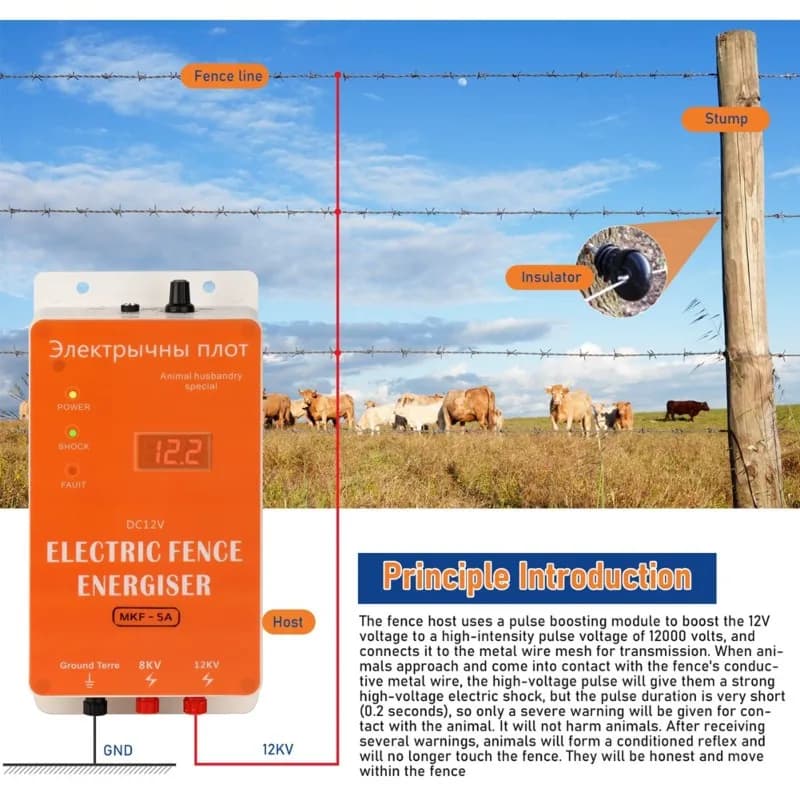 ABGH-Smart Kit Recinzione Elettrica Impermeabile 12V per Animali da Fattoria, Pollame, Allevamenti e Giardini, Spina EU Inclusa