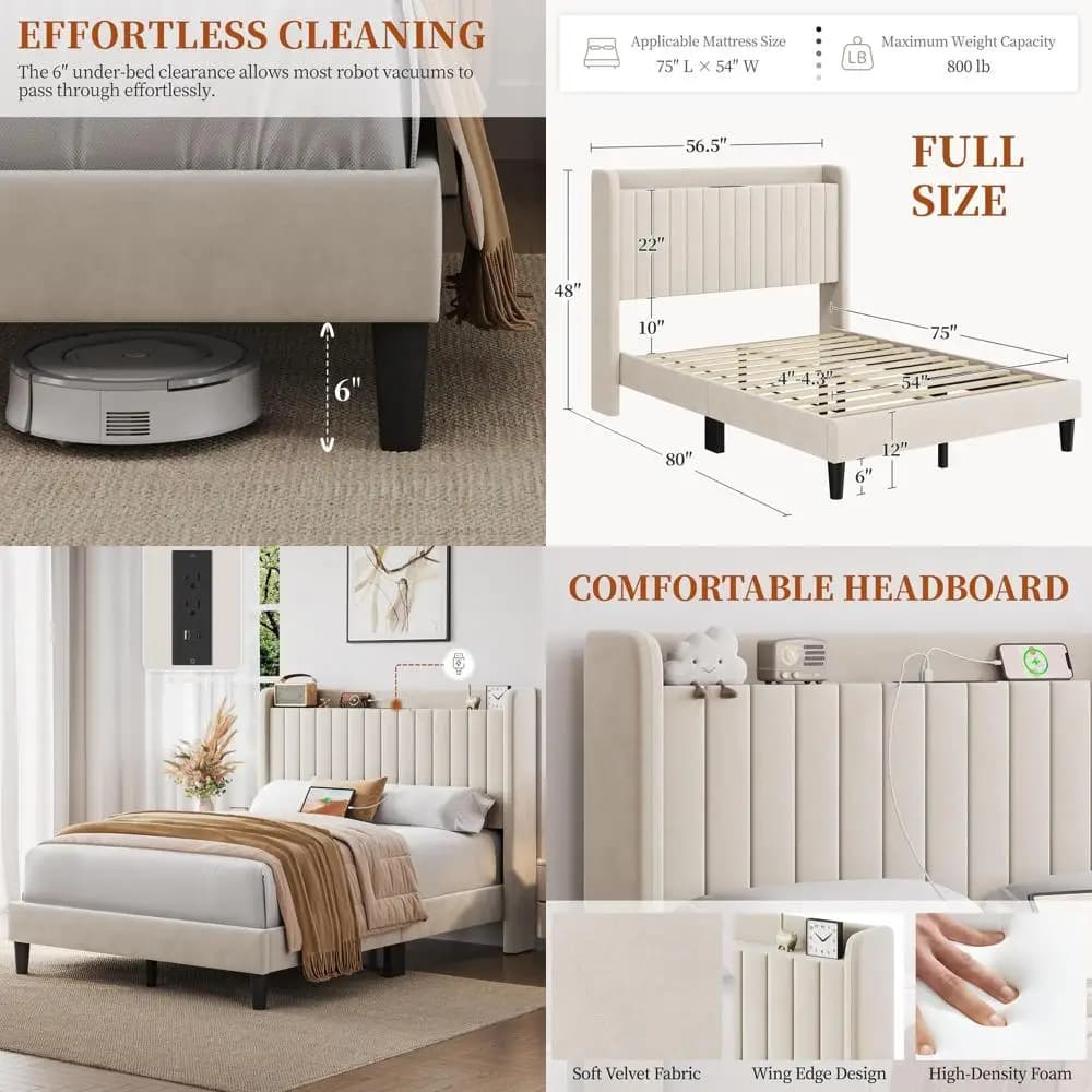 Letto a piattaforma imbottito beige con ricarica USB, contenitore, supporto a doghe in legno, silenzioso, non richiede rete a molle, facile da montare