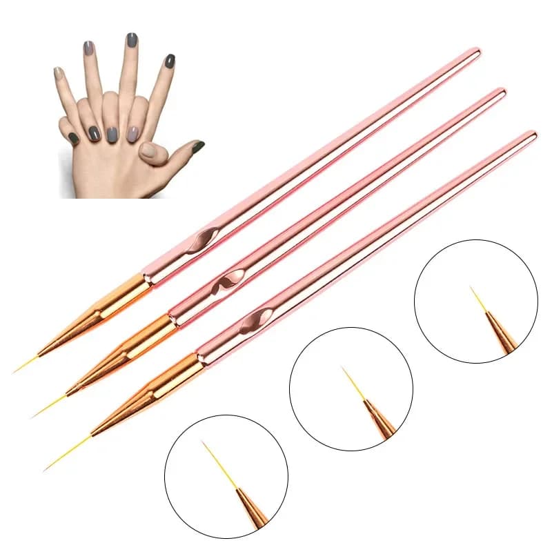 Set di 3 Pennelli per Nail Art in Oro Rosa, Manico in Metallo, Penna Sottile per Disegno, Kit per Manicure e Design con Gel UV