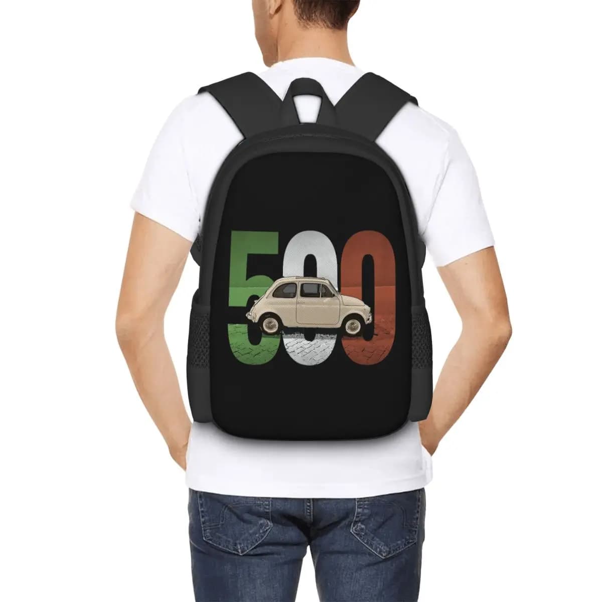 The Classic Fiat 500 On White Student Backpack School Bag Hiking Travel Daypack for Boys Girls Fashion Bookbag Shoulder Bags