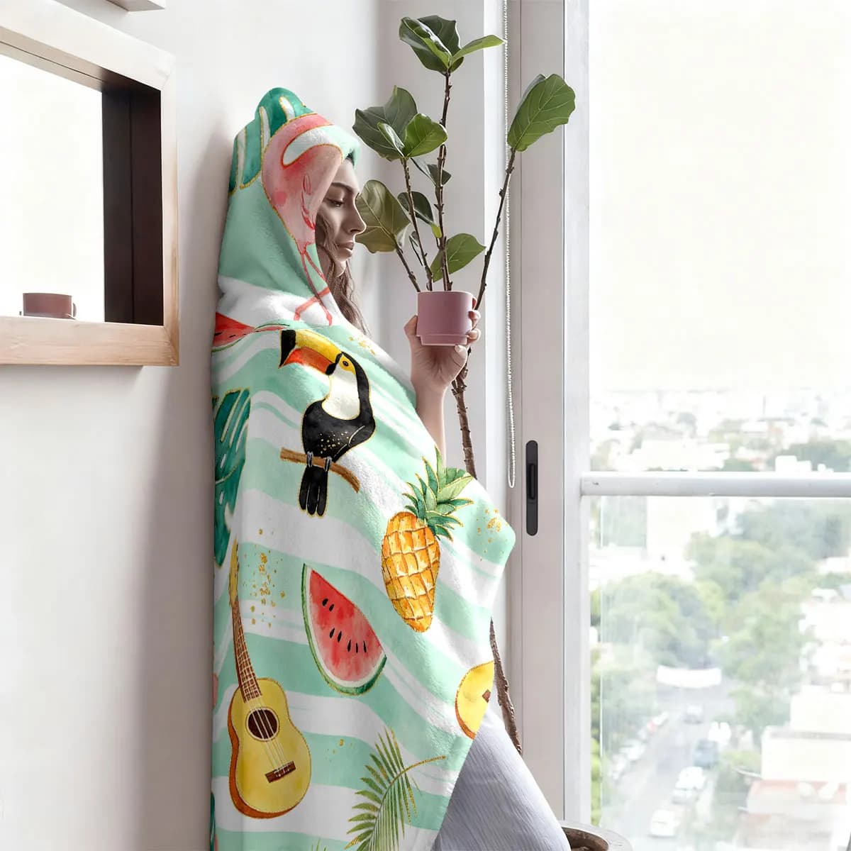 1pc tropical rainforest Printed Flannel Hoodie Wearable Cloak Blanket Soft Warm Multi Size Casual Blanket Machine Washable