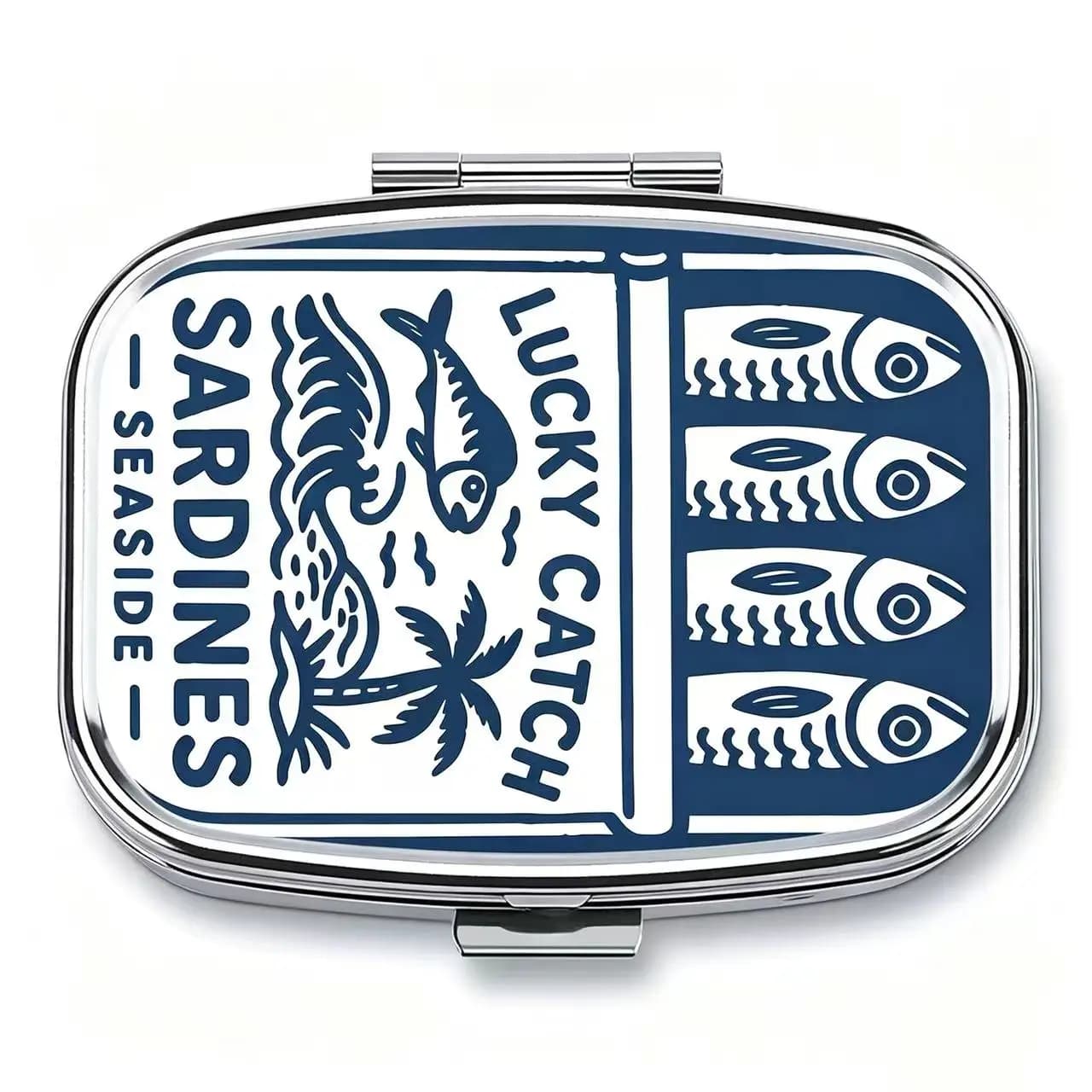 Portapillole in Metallo con Stampa Sardine Lucky Catch, Organizzatore Portatile a 2 Scomparti per Vitamine e Pillole
