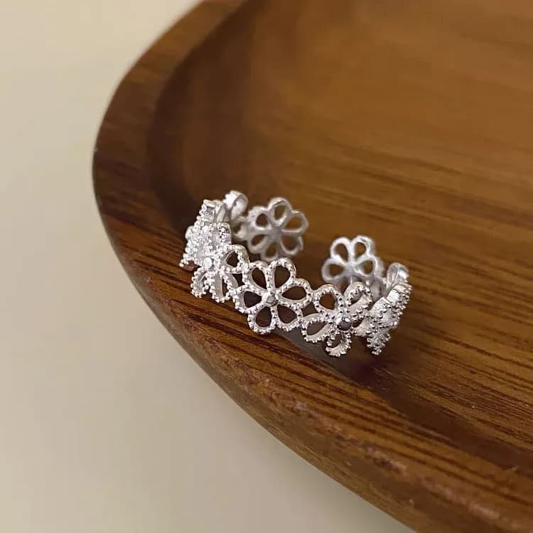 BF CLUB Anelli in argento sterling 925 per le donne Semplice dito aperto Fiore Interware fatto a mano Anello allergico per il regalo di compleanno della festa