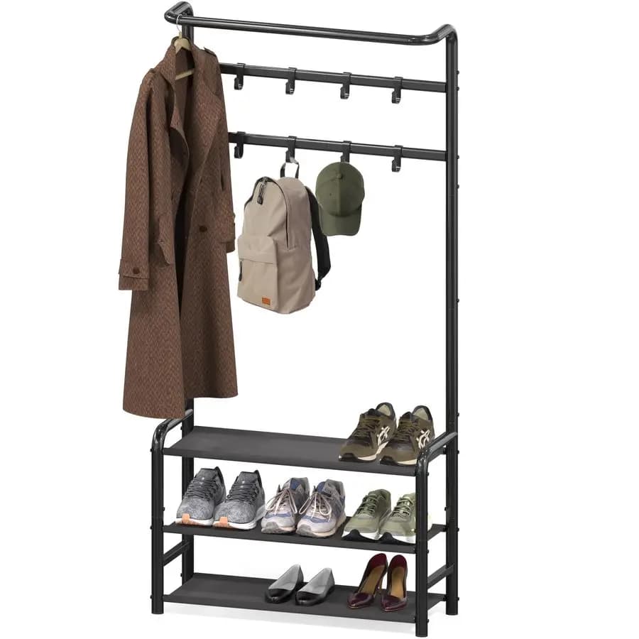 Hanger with Wall mounted shelf, Hanger with Hooks for Entrance, Bedroom, Office, Stand Clothes rack in Black Metal