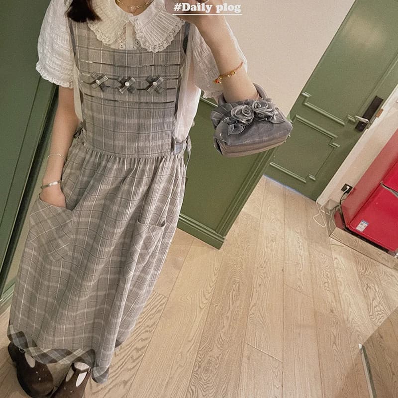VIMAS Abito Estivo Vintage a Quadri per Ragazze, Stile Gonna a Vita Alta con Dettagli a Bottoni, in Misto Cotone, per Uso Casual
