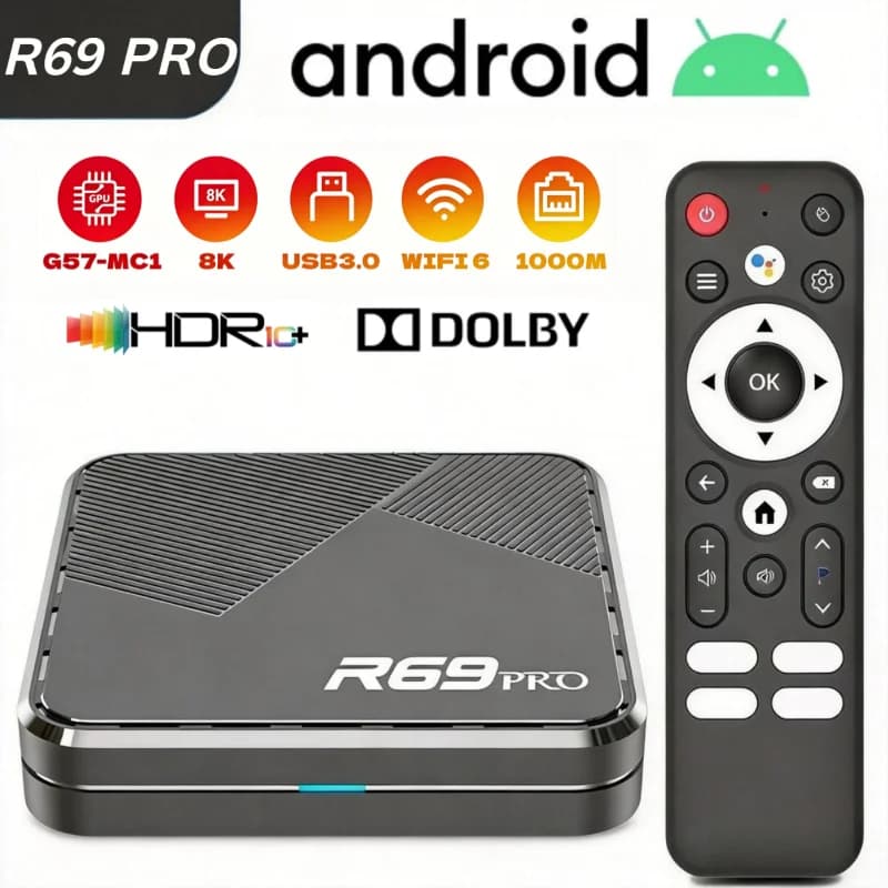 R69 PRO Smart TV Box Android 14 8K HDR10+ Allwinner H728 4GB 64GB WiFi 6 Bluetooth 5.0 1000M LAN Streaming Media Set Top Box