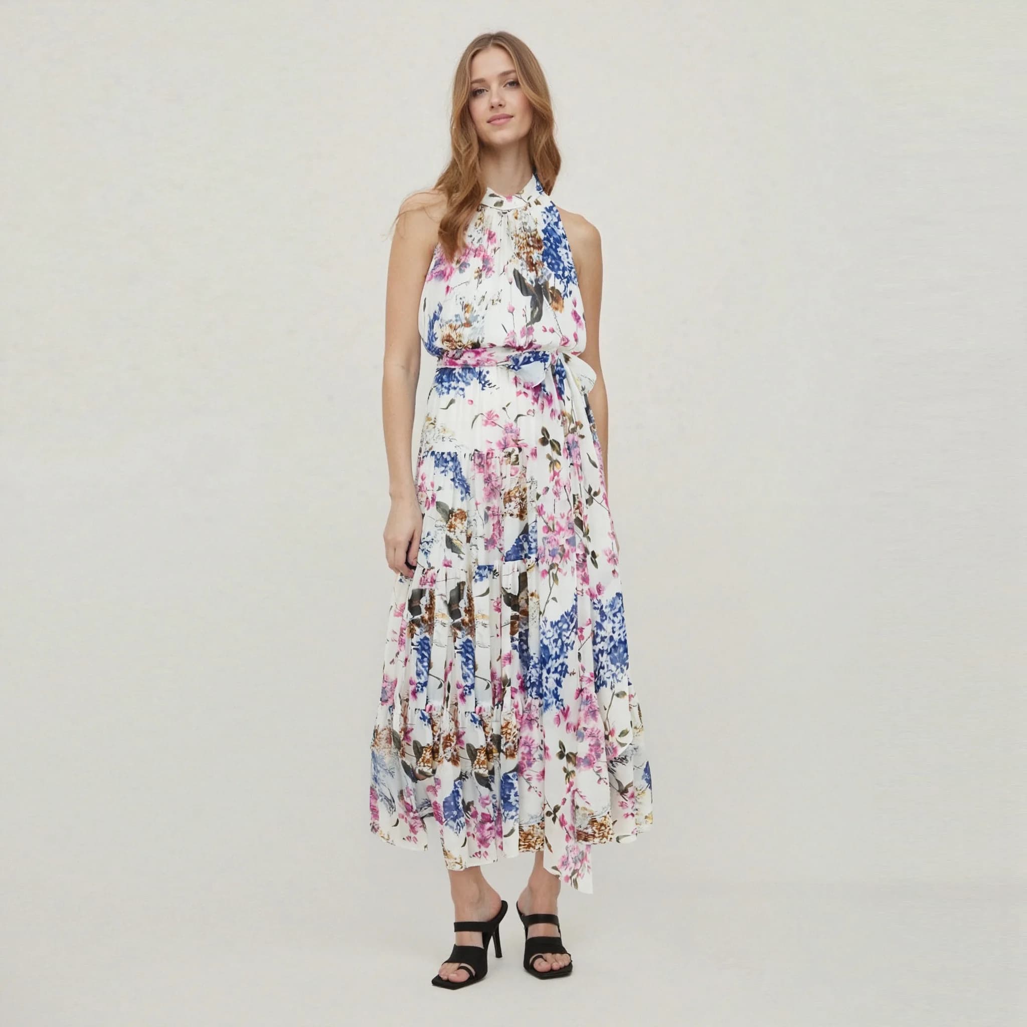 Nuovo abito da donna Abito da spiaggia elegante Abito classico senza maniche con fascia al collo Abito da festa sexy casual Abito lungo femminile