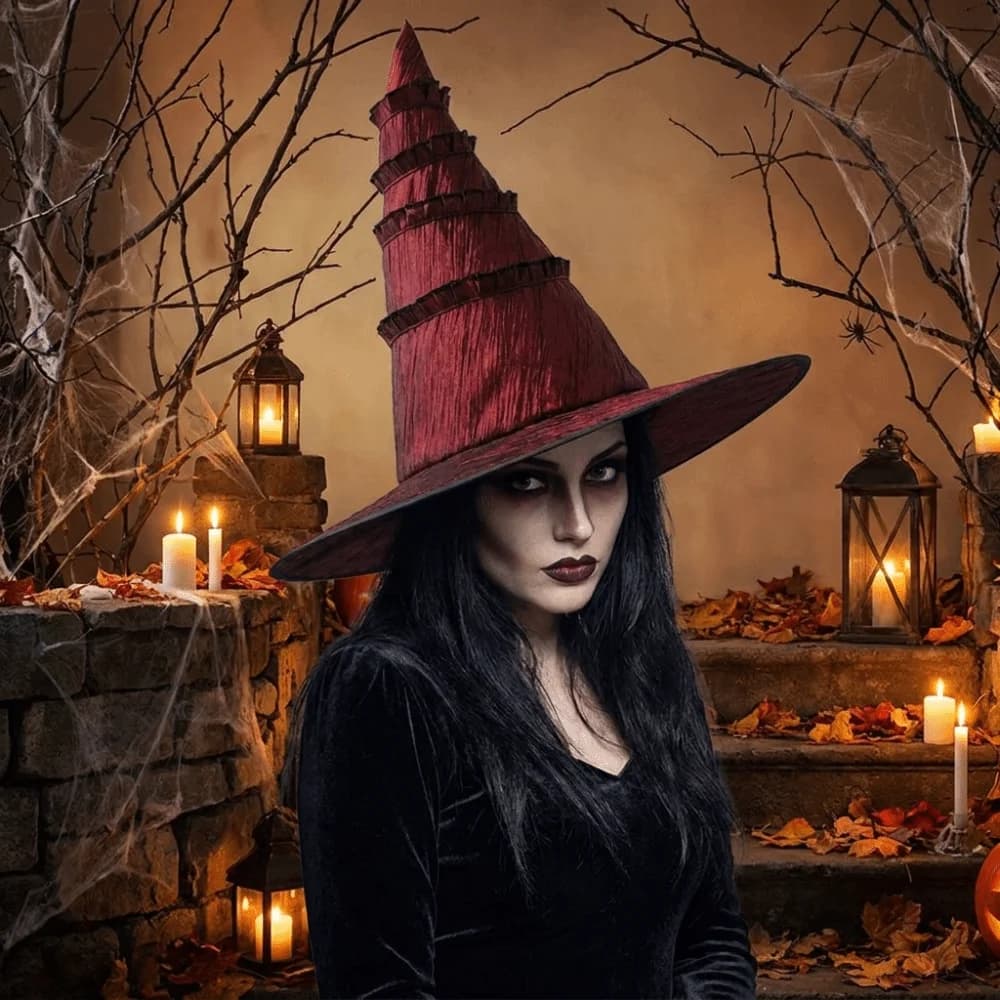 Wrinkled Halloween Hat Large Brim Gothic Women's Wizard Cap Pointed Mage Hat Tall Pointed Cone Top Lolita Witch Hat Role Play