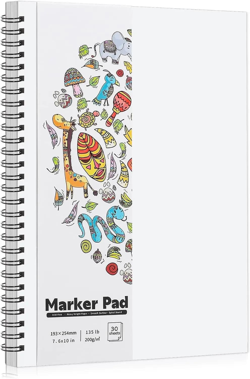 7.6×10in 200gsm Marker Paper Pad, 30 Sheets, Bleedproof Sketchbook for Alcohol Markers, Double Sided, Spiral Bound