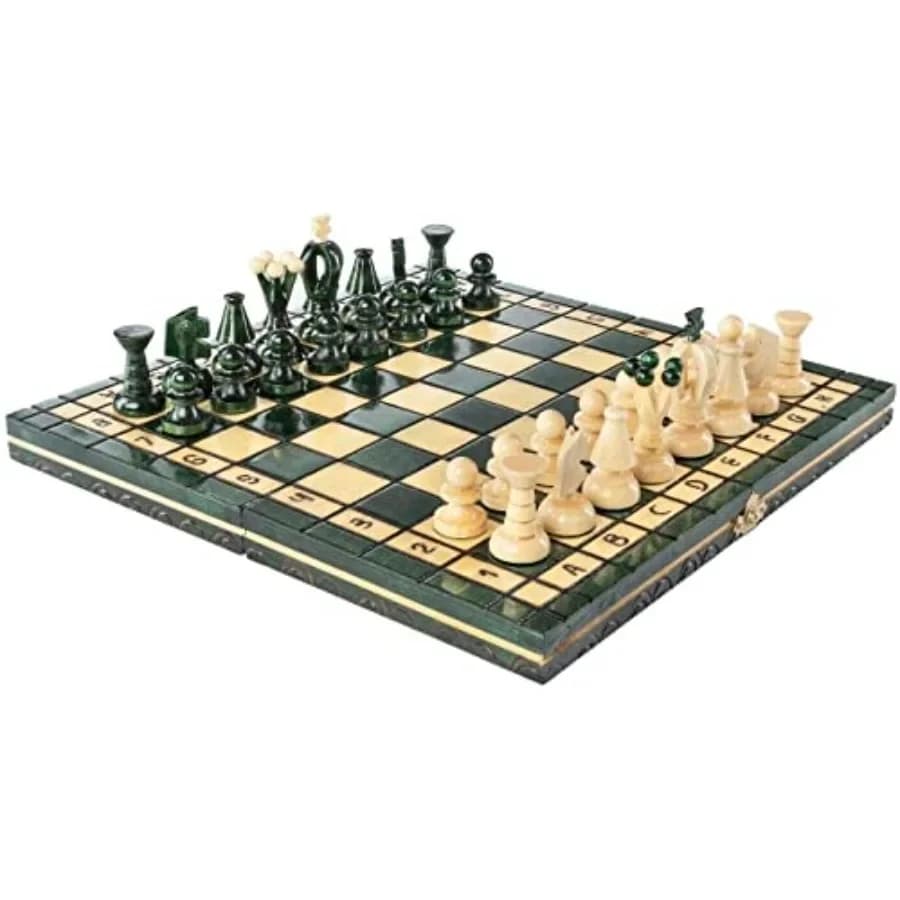 Set di scacchi in legno artigianale con scacchiera in legno e pezzi realizzati a mano per uso domestico o in ufficio, finitura verde, 12,5'' 32 cm, premium