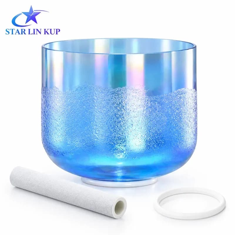 STAR LIN KUP 6 Inch Clear Quartz Crystal Singing Bowl Glacier Flowing Sand Design Cosmic Light Sound Healing Meditation Tool
