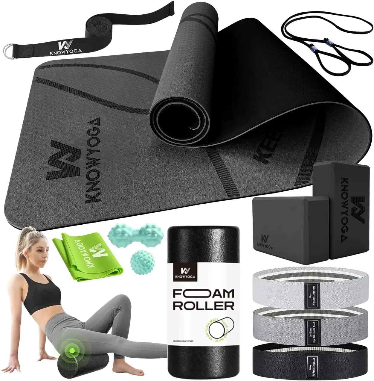 Yoga Kit for Beginners 12-in-1 with Mat, Foam Roller, Elastic Faxes, Massage Blocks and Balls