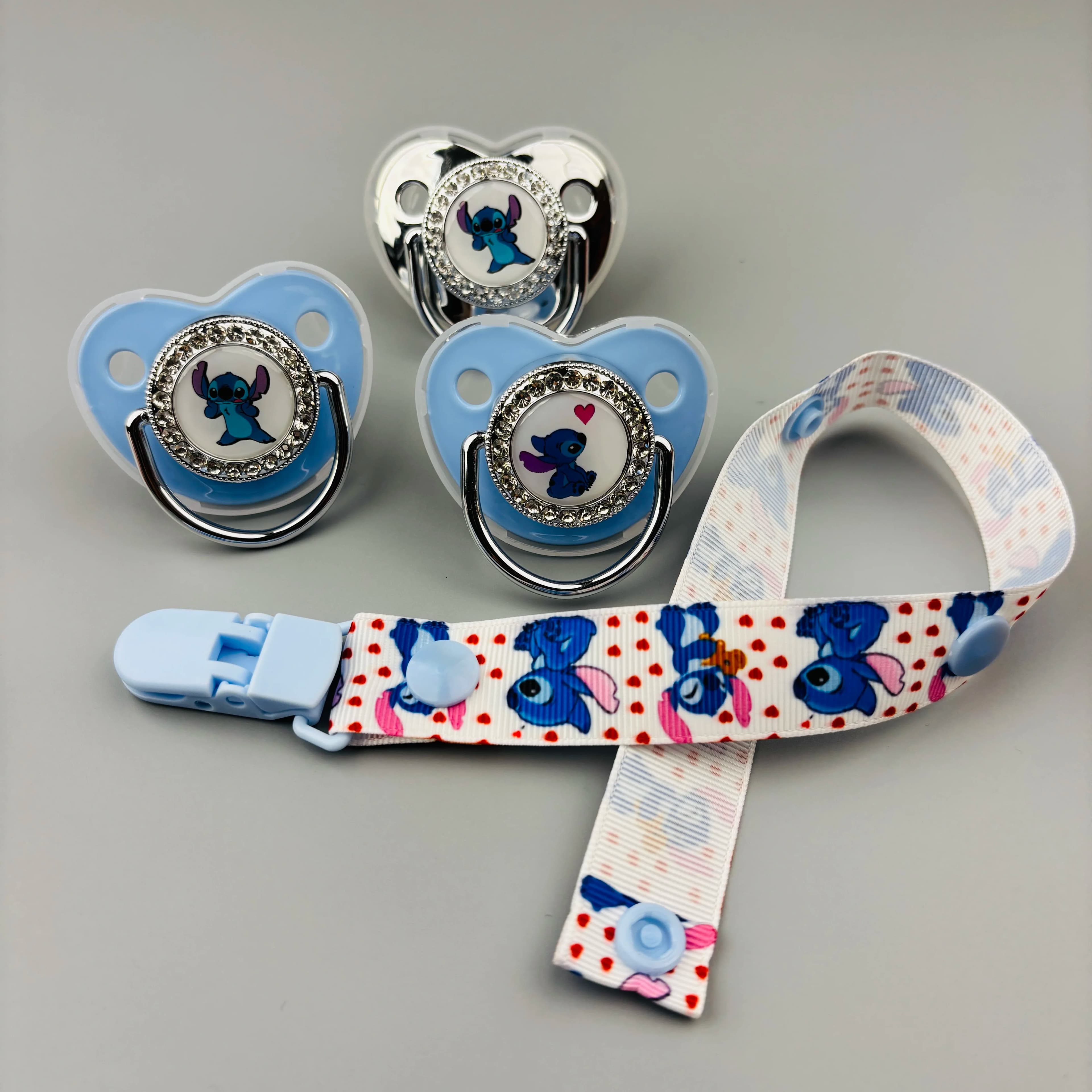 Ciuccio per bambini stampato a punto e clip in tessuto con striscia di lusso per la dentizione del bambino, catena per passeggino, ciuccio per neonato Bling Chupeta