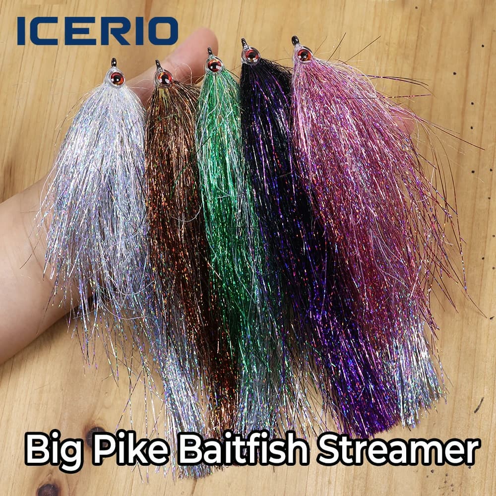 ICERIO # Streamers Olografici 4/0 con Lamina Metallica, Occhi 3D e Testa a Maschera di Pesce per Lucci, Musky, Trote, Persici e Acque Salate