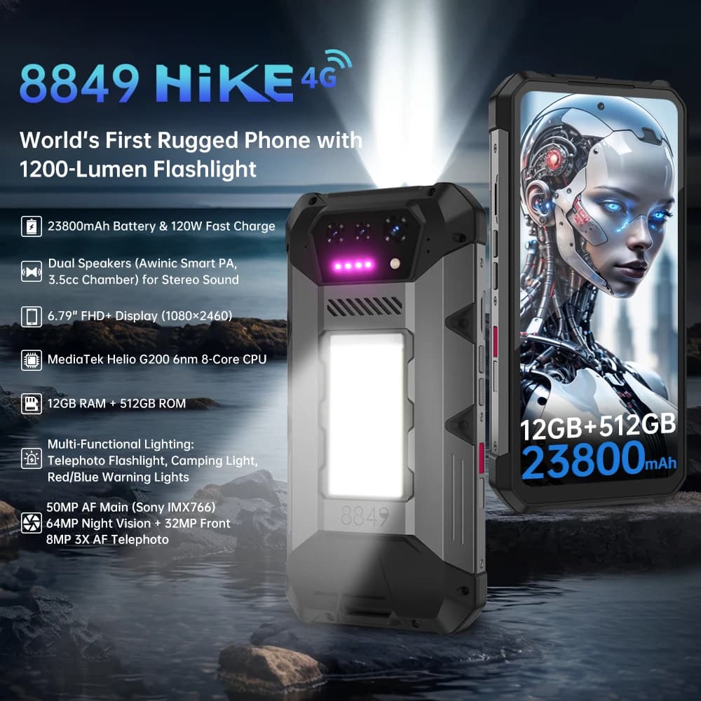 8849 Hike Unihertz Smartphone robusto 23800mAh 24GB+512GB Espandibile 2TB 1200Lumen Torcia Android14 Due altoparlanti 6.79'' 120Hz