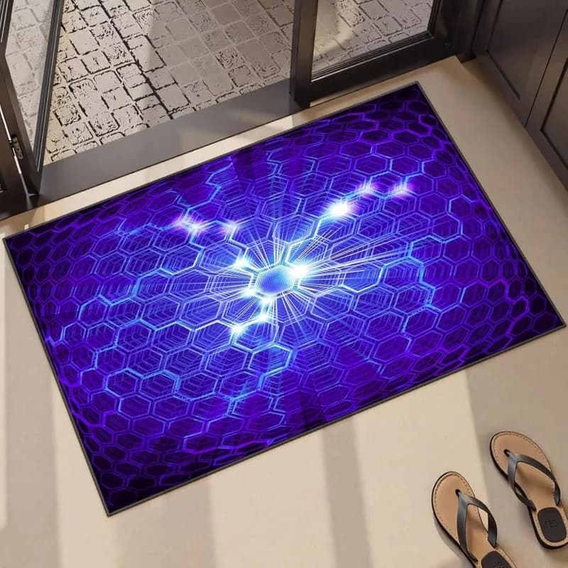Tappetino Esagonale Tecnologico Blu Futuristico, Morbido Antiscivolo per Interni ed Esterni, Tappeto con Motivo Geometrico Luminoso