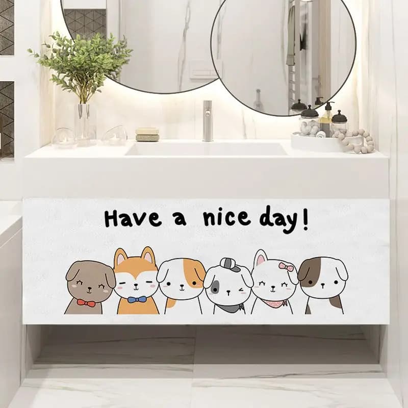 VIKAMA Cartoon Cat Dog Sink Cover Curtain, Waterproof Cabinet Cover Curtain, Bathroom Sink Cover Curtain, Home Decoration