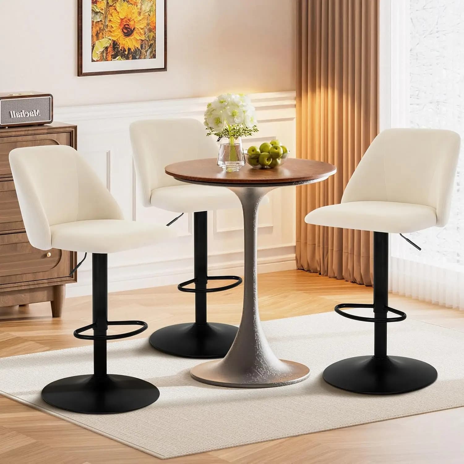 Adjustable Fabric Bar Stools,360° Modern Swivel Counter Height Chairs with Soft Cushioned Seat & Stable Metal Base,Set of 3,250LBS