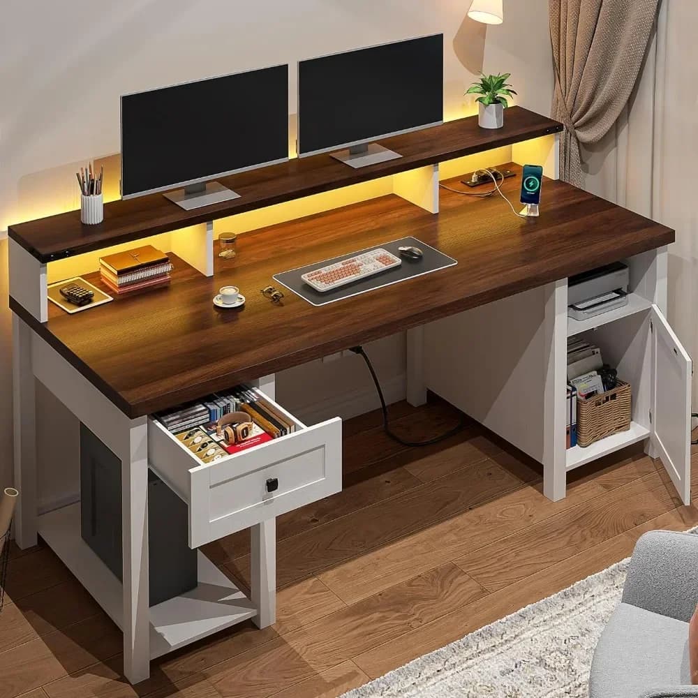 t 55 inch computer desk with drawers Farm desk with long monitor support Wooden reversible desk with power Large home office
