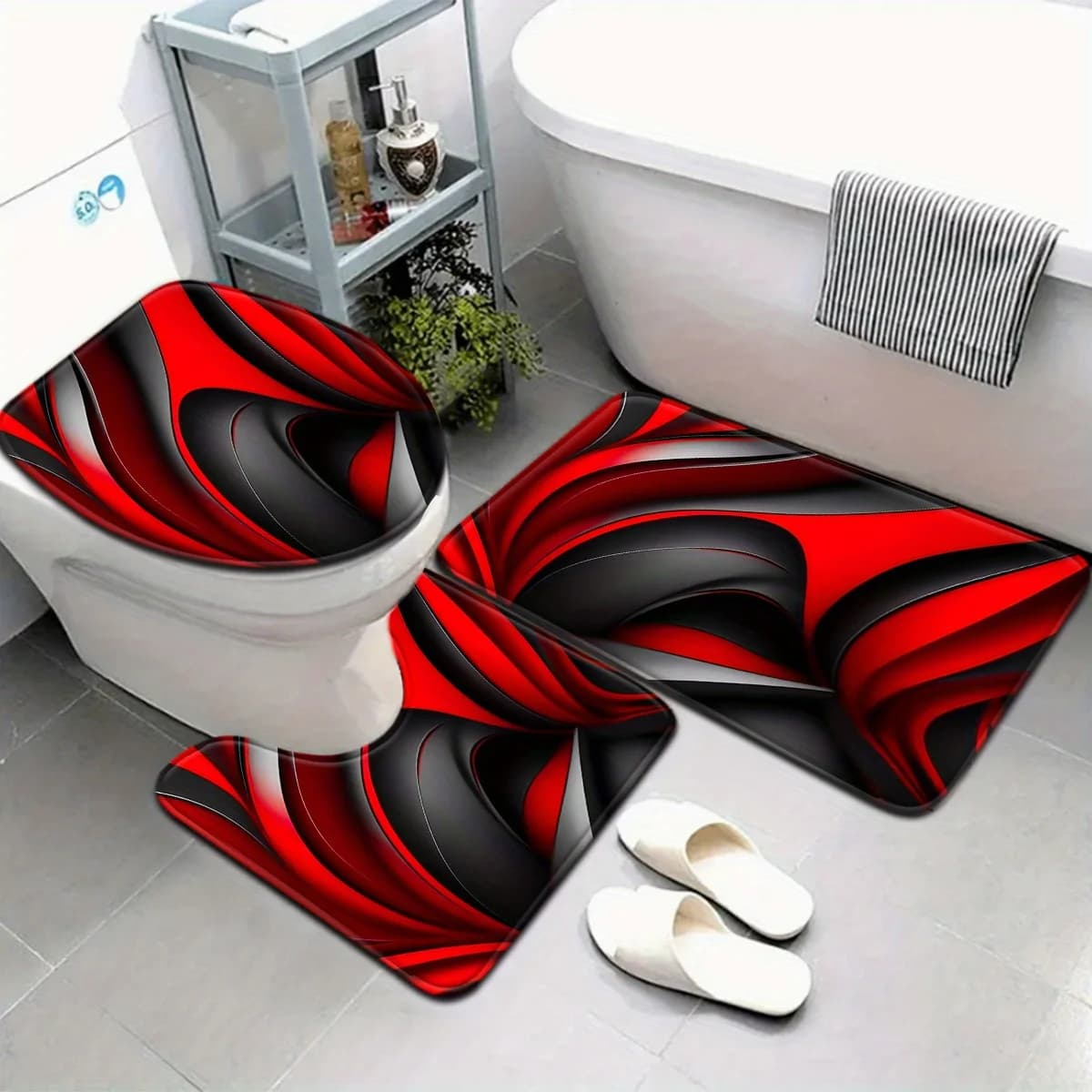 Set di tappetini da bagno moderni da 3 pezzi: design a onde rosse e nere, copriwater antiscivolo e tappeto a forma di U, arredamento da bagno alla moda