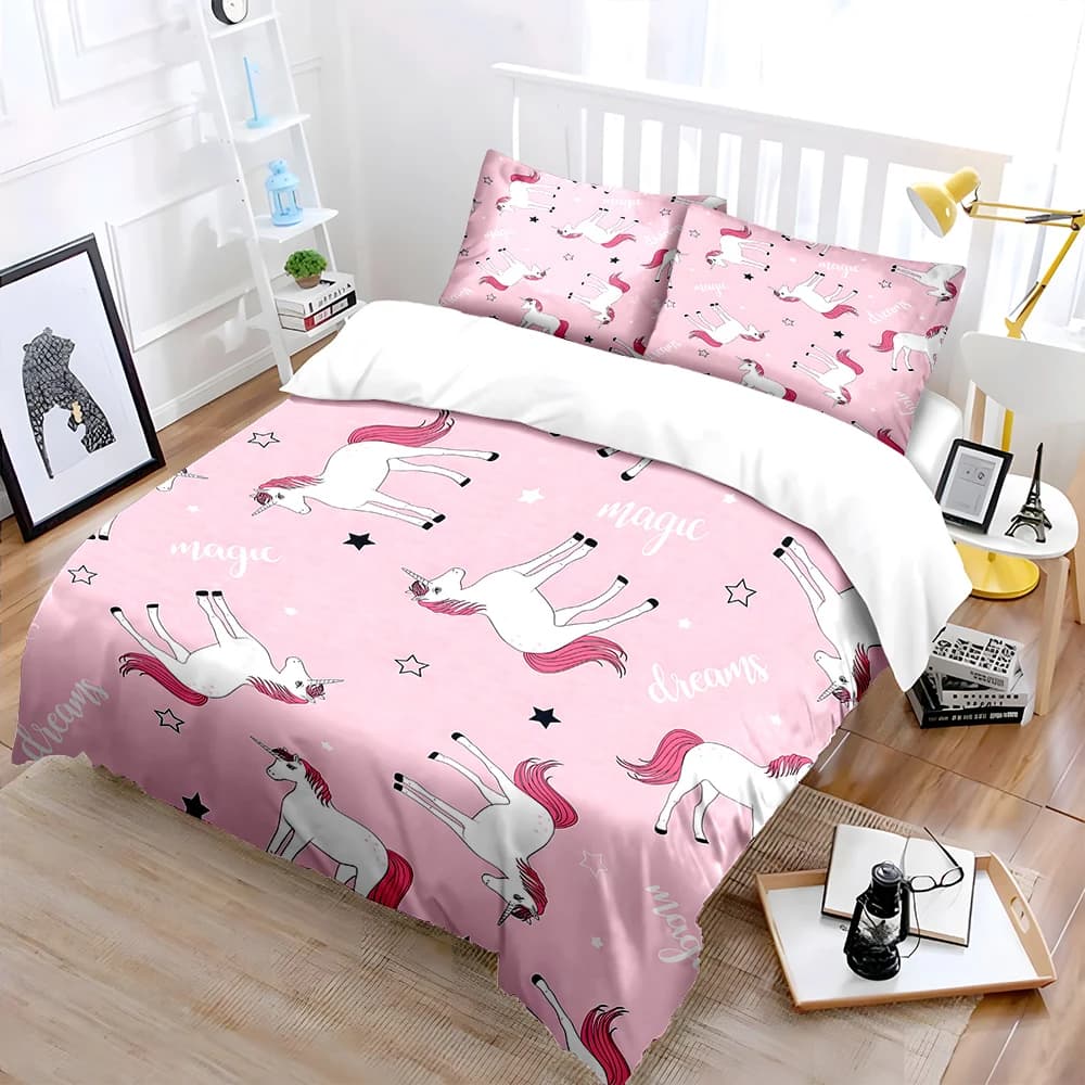Set di biancheria da letto con stampa di sfondo rosa Dreamy Unicorn, 1 copripiumino, 2 federe per adulti e bambini, regalo di lusso, misura completa